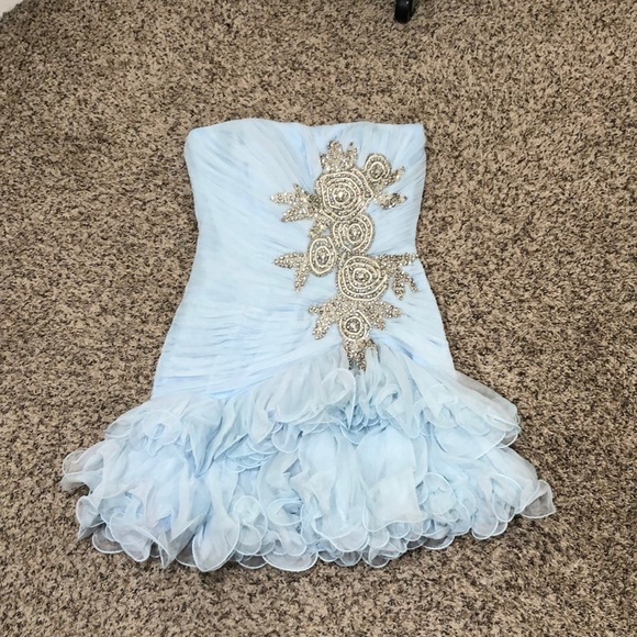 NWT Sherri Hill Dress Size 2 Pastel Ice Blue Rhinestone Floral Appliqué Ruffle - Picture 2 of 10